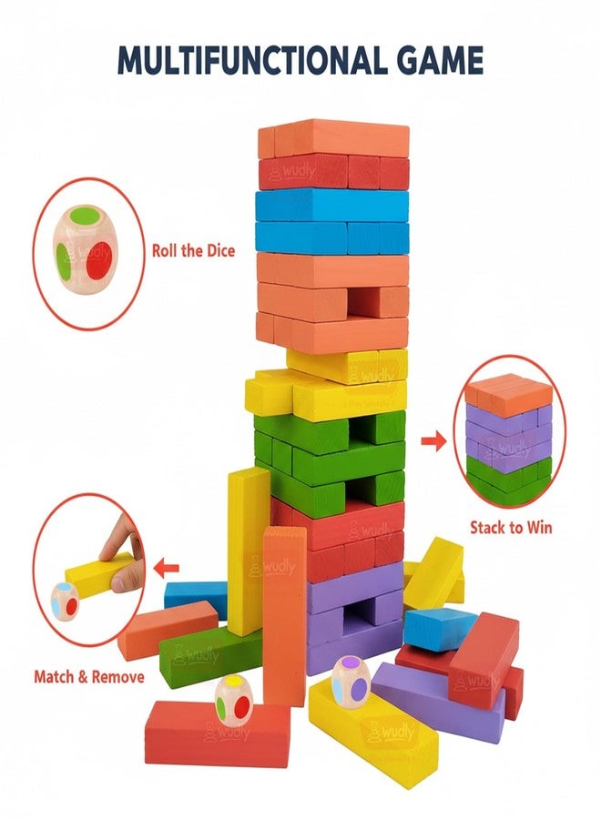 WUDLY® Colorful Wooden Stacking Tower Game for Kids & Adults - Montessori Tumbling Blocks with Dice - Educational Fun Toy for Family & Party (Color) - Image 2